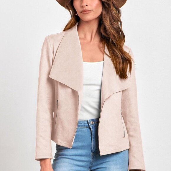 New Women's Faux Suede Cropped Jacket in Beige Apricot, Size M - Picture 6 of 9
